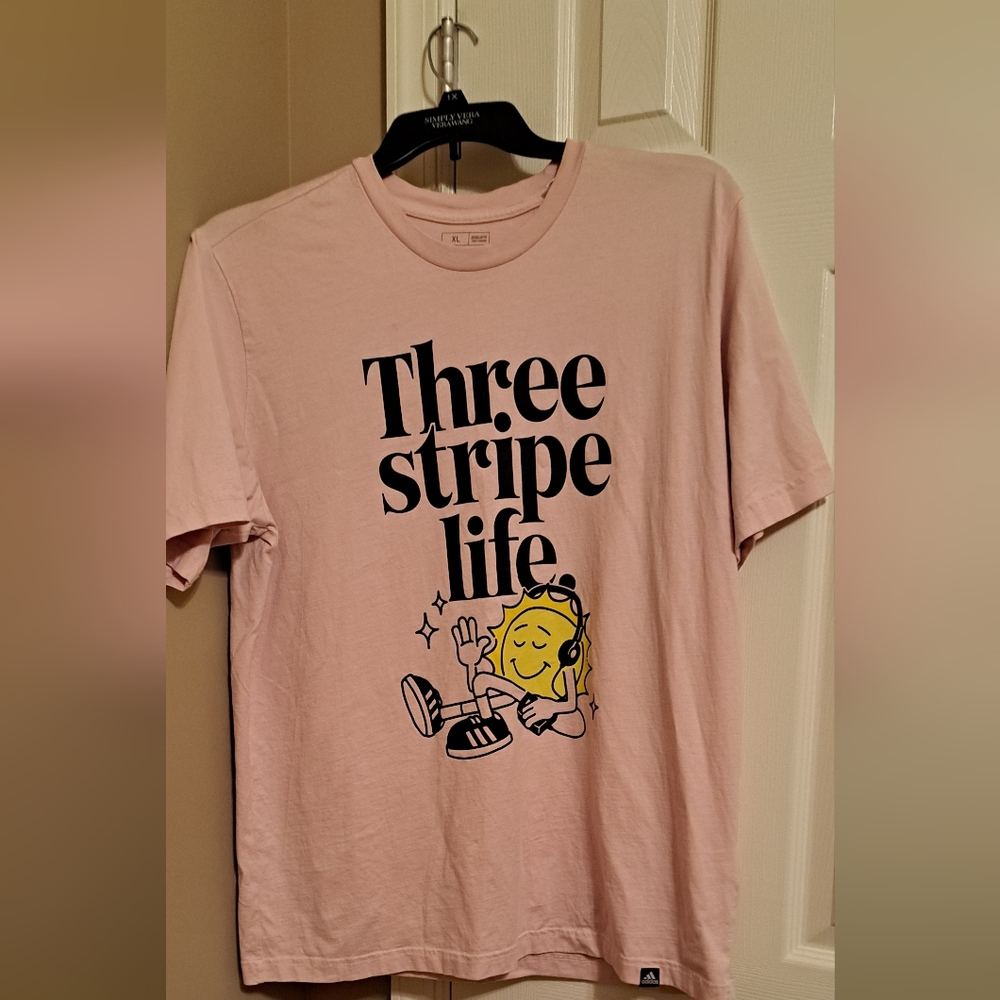 MensAdidas Pink Short Sleeve Tee Three Stripe Life, worn once